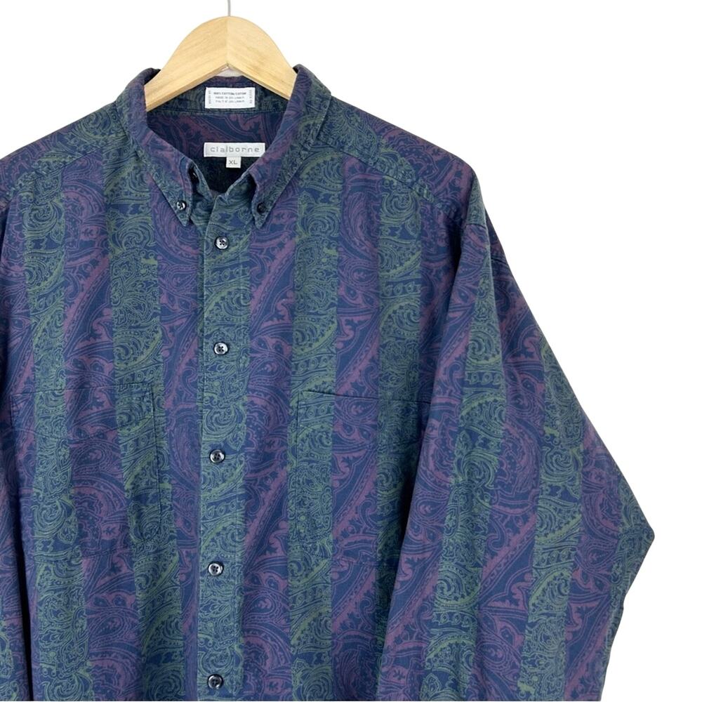 Vintage Button‎ Down Long Sleeve Shirt Paisley Striped Claiborne Men's XL